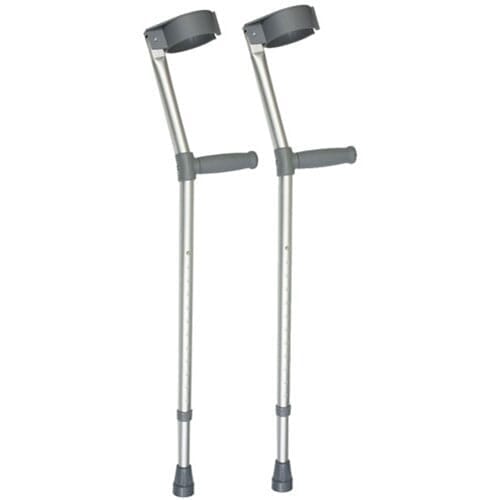 Comfort Grip Adjustable Crutches: single elbow crutch on a plain background with an ergonomic handle, adjustable height and open cuff.