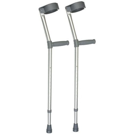 Comfort Grip Adjustable Crutches: single elbow crutch on a plain background with an ergonomic handle, adjustable height and open cuff.