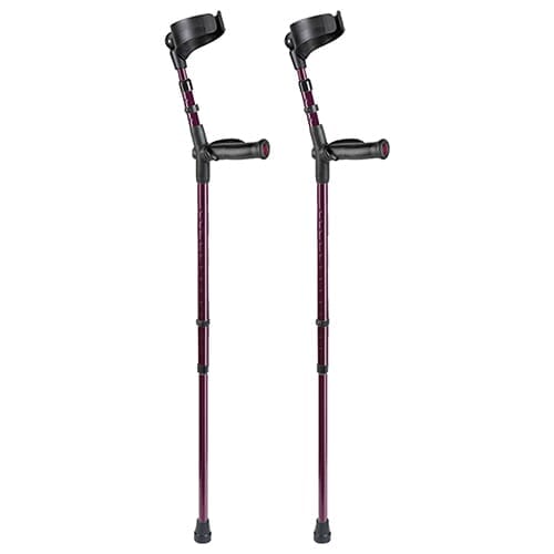 Comfort Grip Crutches-Blackberry: single elbow crutch on a plain background with an ergonomic handle, adjustable height and open cuff.