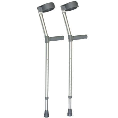 Comfy Grip Elbow Crutches: single elbow crutch on a plain background with an ergonomic handle, adjustable height and open cuff.