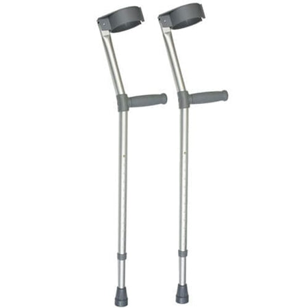 Comfy Grip Elbow Crutches: single elbow crutch on a plain background with an ergonomic handle, adjustable height and open cuff.