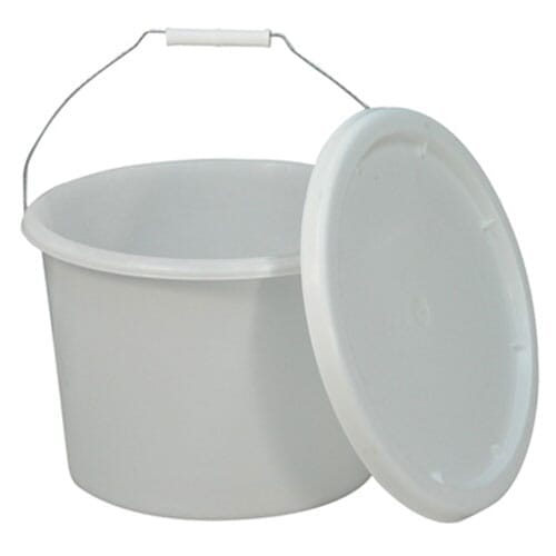 Commode Bucket Lid with lid raised showing the open seat and removable commode pan, with supportive arms and adjustable height on a plain background.