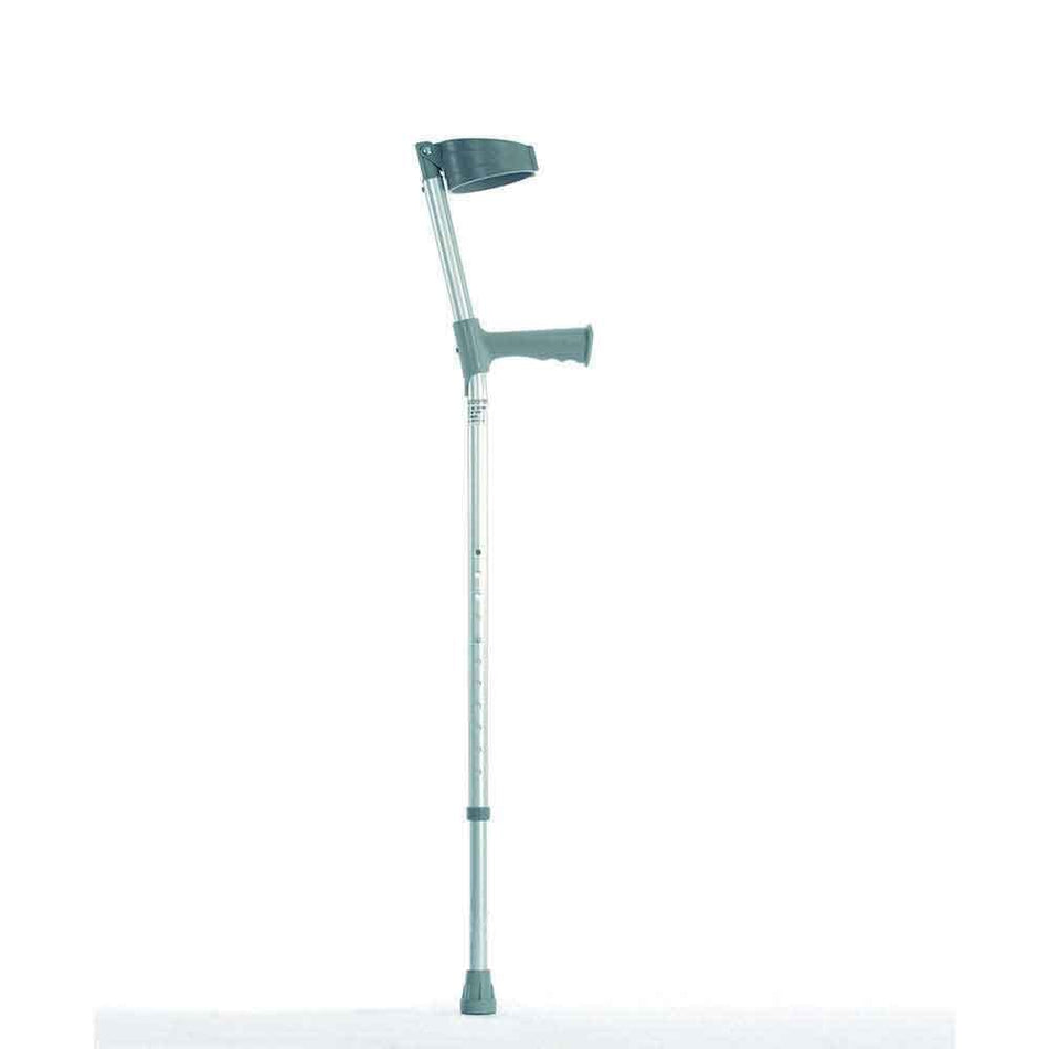 Coopers Adjustable Elbow Crutches: single elbow crutch on a plain background with an ergonomic handle, adjustable height and open cuff.