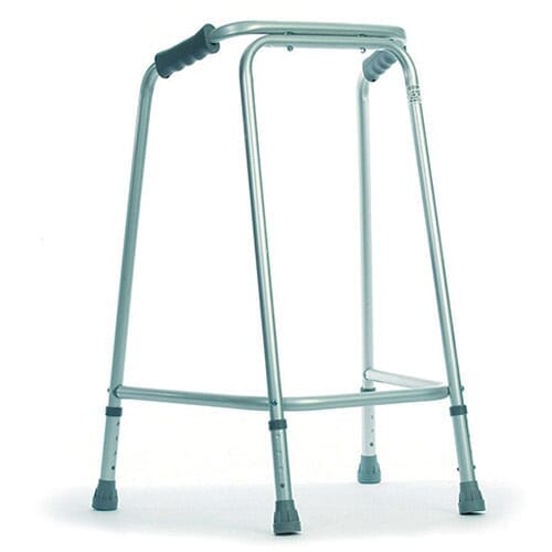 Coopers Domestic Walking Frame on a plain background with two front wheels, two rear ferrules and both upper and lower handgrips.