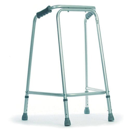 Coopers Domestic Walking Frame on a plain background with two front wheels, two rear ferrules and both upper and lower handgrips.