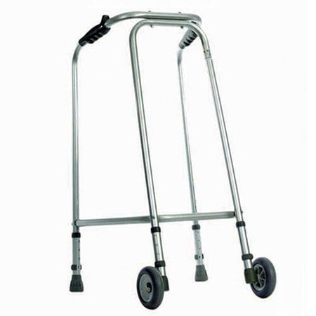 Coopers Domestic Wheeled Walking Frame on a plain background with two front wheels, two rear ferrules and both upper and lower handgrips.