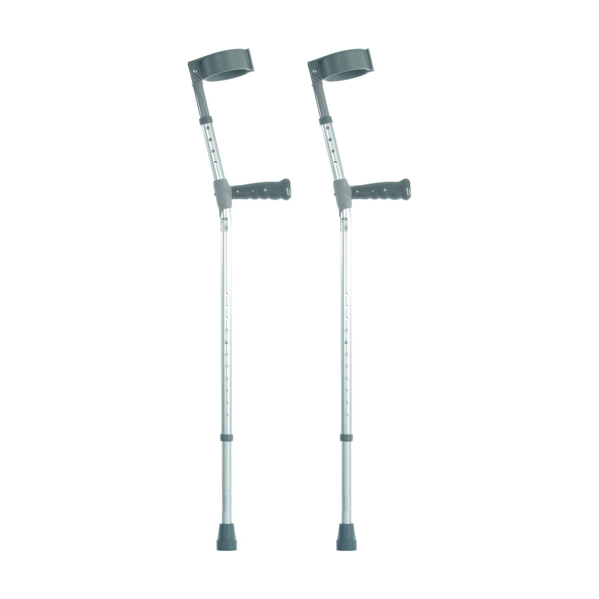 Coopers Double Adjustable Crutches: single elbow crutch on a plain background with an ergonomic handle, adjustable height and open cuff.