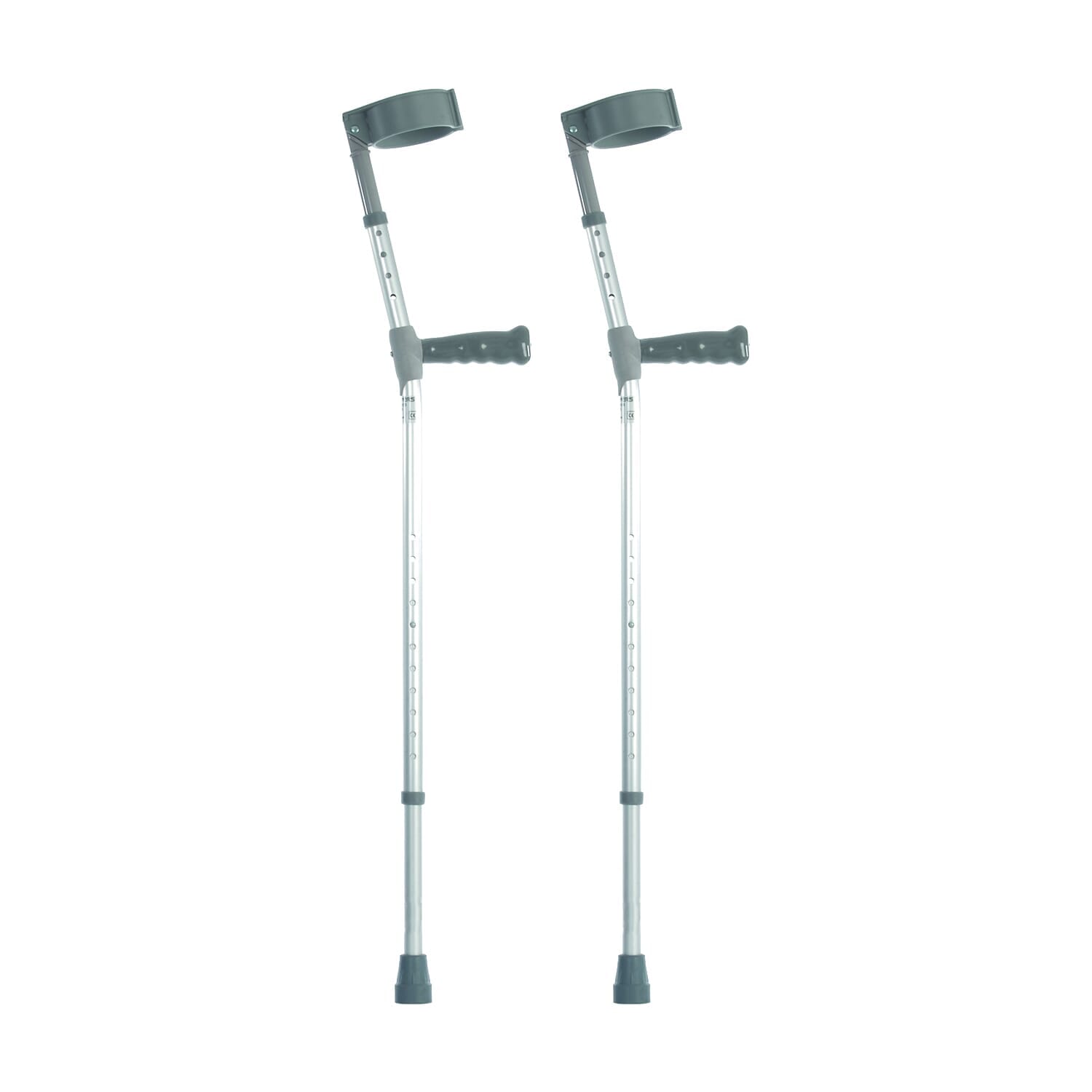 Coopers Double Adjustable Crutches: single elbow crutch on a plain background with an ergonomic handle, adjustable height and open cuff.