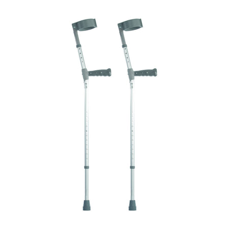 Coopers Double Adjustable Crutches: single elbow crutch on a plain background with an ergonomic handle, adjustable height and open cuff.