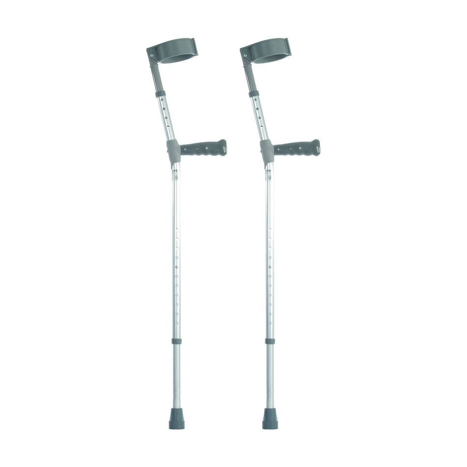 Coopers Double Adjustable Crutches: single elbow crutch on a plain background with an ergonomic handle, adjustable height and open cuff.