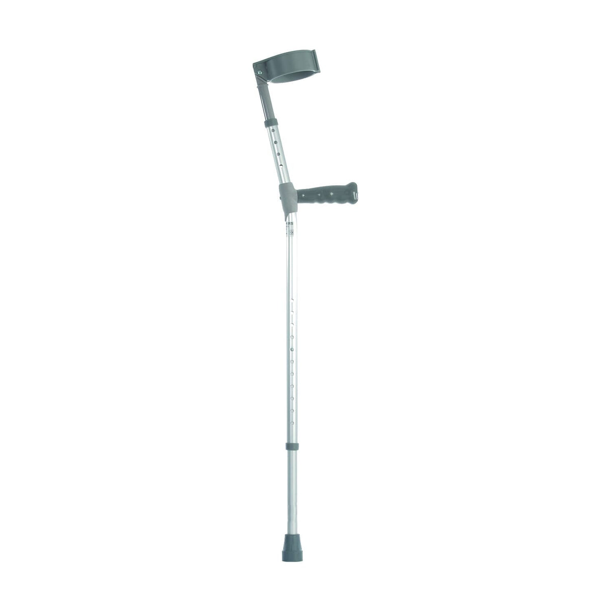Coopers Double Adjustable Crutches: single elbow crutch on a plain background with an ergonomic handle, adjustable height and open cuff.