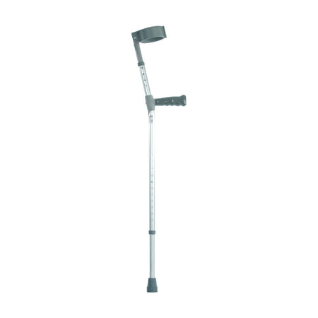 Coopers Double Adjustable Crutches: single elbow crutch on a plain background with an ergonomic handle, adjustable height and open cuff.