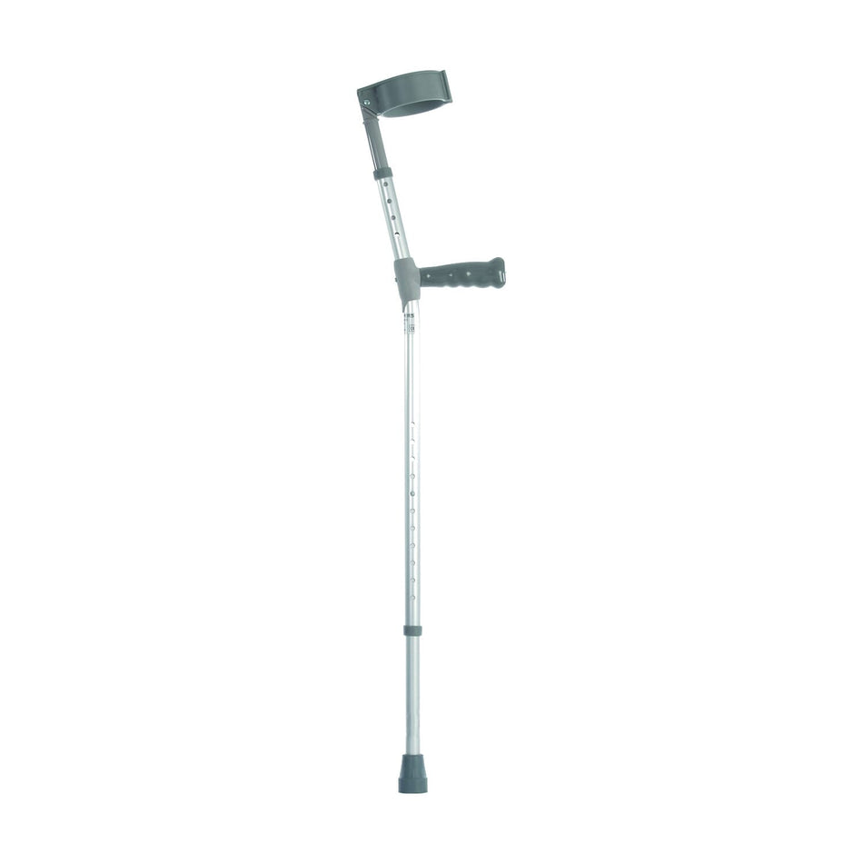 Coopers Double Adjustable Crutches: single elbow crutch on a plain background with an ergonomic handle, adjustable height and open cuff.