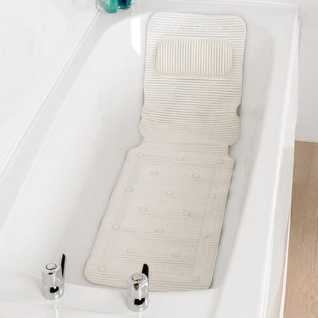 Full view of Cushioned Bath Mat With Integral Pillow cushion on a plain background, showing its shape and supportive material.