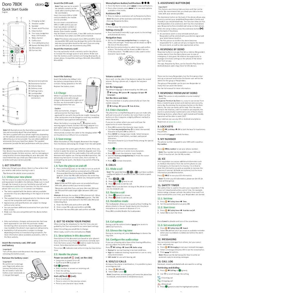Packaging for Doro 780X Simple Mobile Phone mobile phone with branding and key features.
