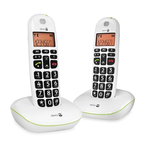 Full view of Doro PhoneEasy 100w Cordless Phone Duo with large buttons and clear display on a plain background.