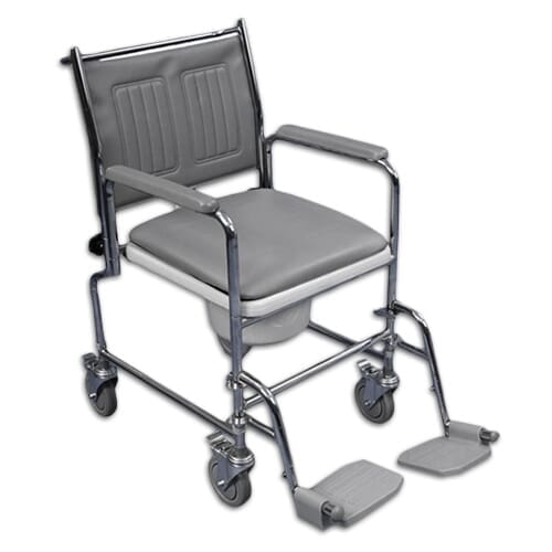 Drop Arm Height Adjustable Wheeled Commode with lid raised showing the open seat and removable commode pan, with supportive arms and adjustable height on a plain background.