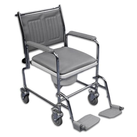 Drop Arm Height Adjustable Wheeled Commode with lid raised showing the open seat and removable commode pan, with supportive arms and adjustable height on a plain background.