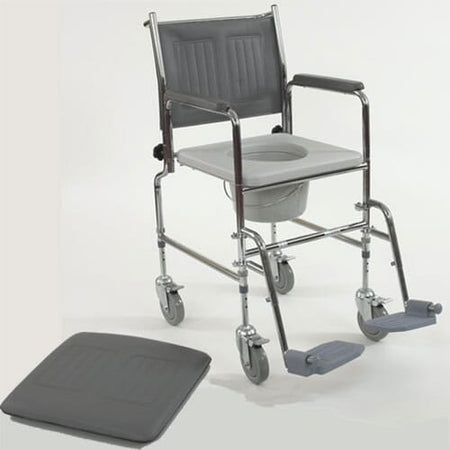Drop Arm Height Adjustable Wheeled Commode with lid closed, highlighting the padded seat and discreet design.