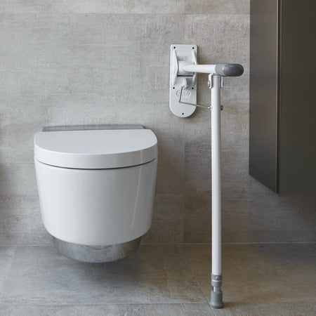 Image of Drop Down Toilet Support Rail with Leg on a plain background.