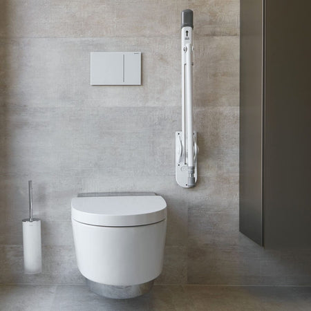 Alternative view of Drop Down Toilet Support Rail with Leg, showing different angle or usage.