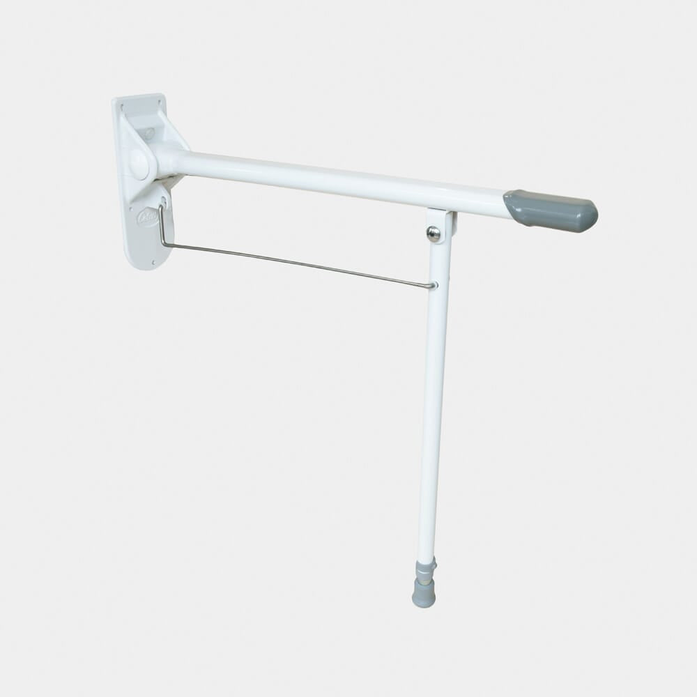 Lifestyle image of Drop Down Toilet Support Rail with Leg being used in a real-life setting.