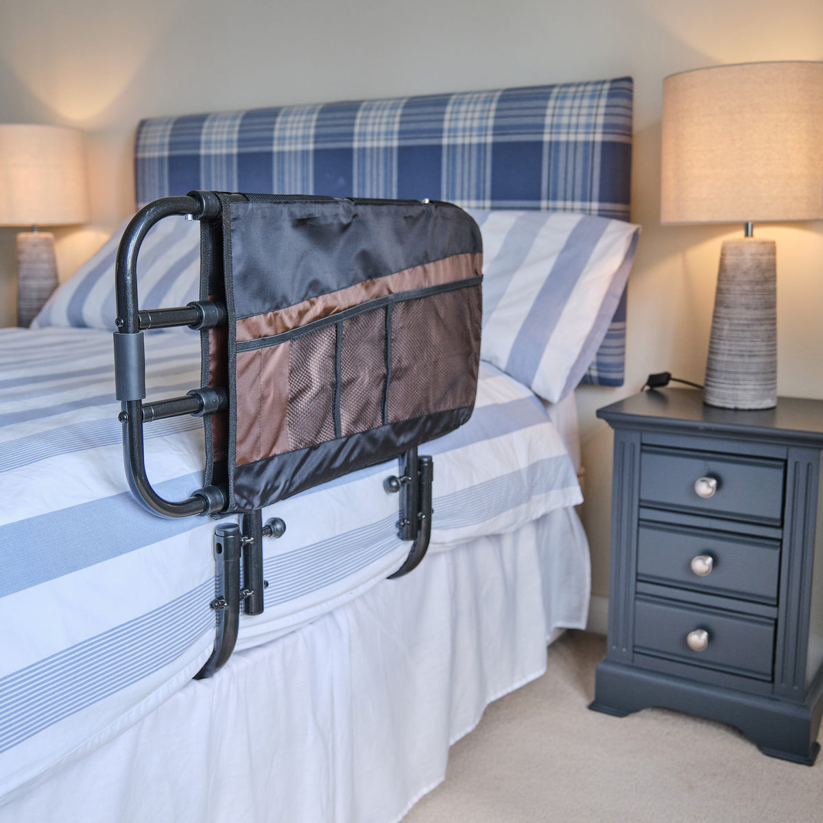 Diagram or packaging of EZ Adjustable Bed Rail highlighting dimensions or features.