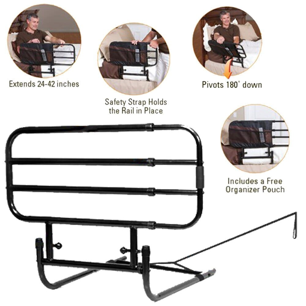 Diagram or packaging of EZ Adjustable Bed Rail highlighting dimensions or features.