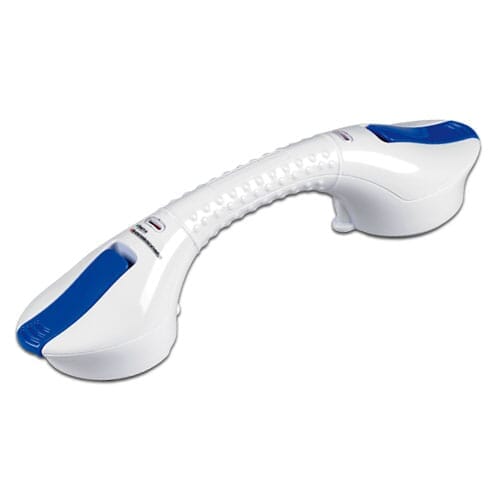 Full view of EasyBar Suction Grab Rail grab rail with circular wall plates and a textured grip, designed to provide support in bathrooms and other areas.