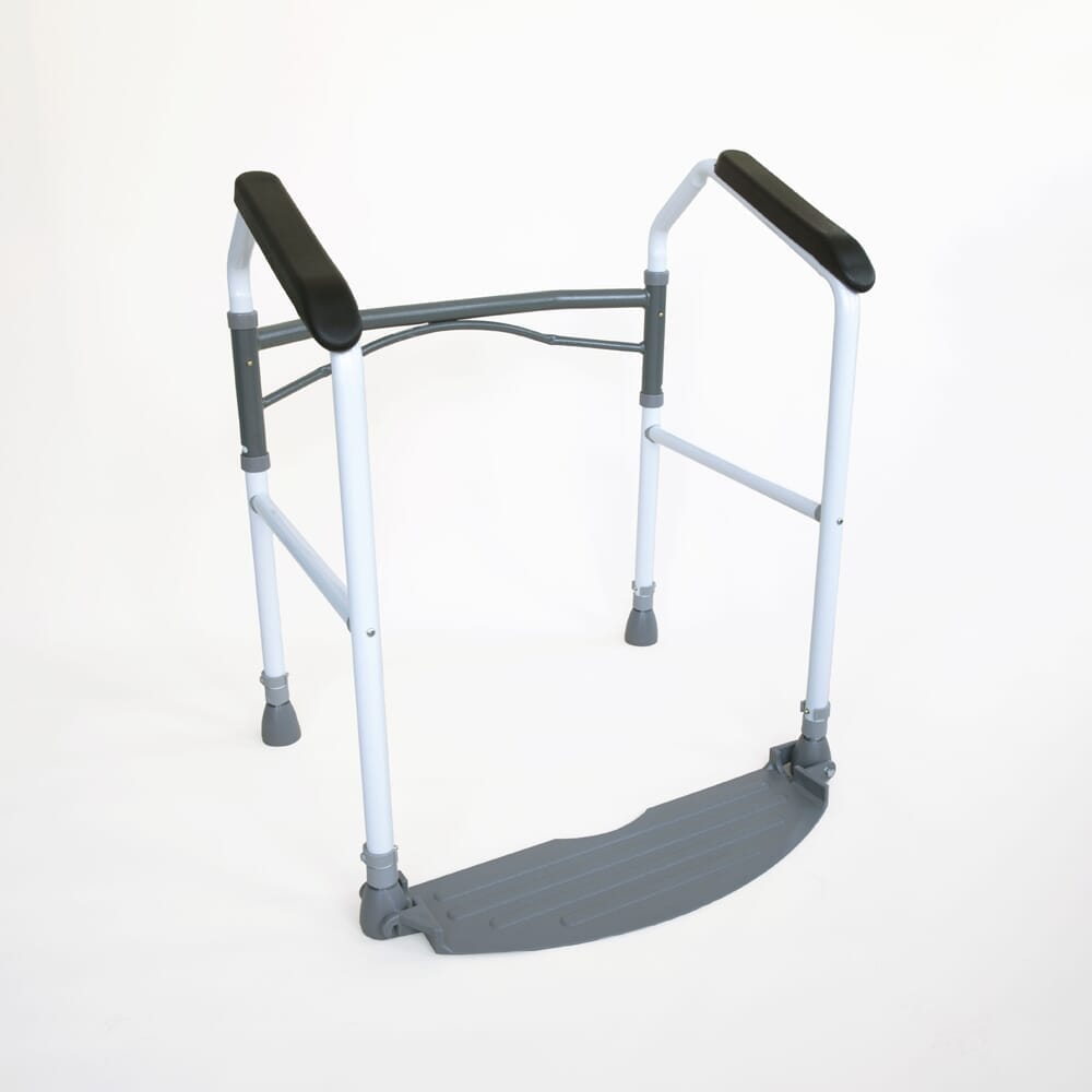 Diagram or packaging of Easy Folding Toilet Frame highlighting dimensions or features.