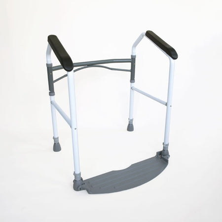 Diagram or packaging of Easy Folding Toilet Frame highlighting dimensions or features.