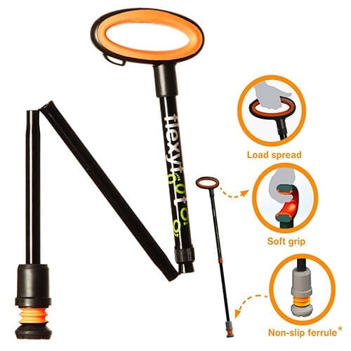 Easy Grip Flexyfoot Folding Walking Stick walking stick in use by a person, demonstrating balance and support.