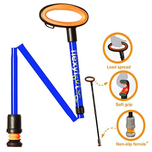 Full view of Easy Grip Flexyfoot Folding Walking Stick walking stick on a plain background, showing its handle, shaft and ferrule.