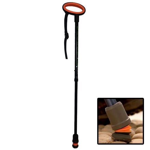 Full view of Easy Grip Flexyfoot Walking Stick walking stick on a plain background, showing its handle, shaft and ferrule.
