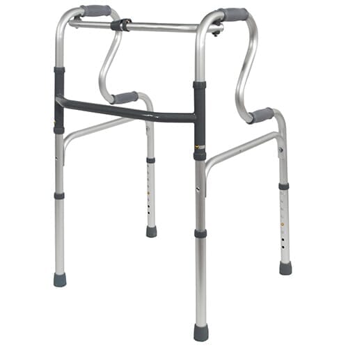 Easy Rise Walking Frame on a plain background with two front wheels, two rear ferrules and both upper and lower handgrips.