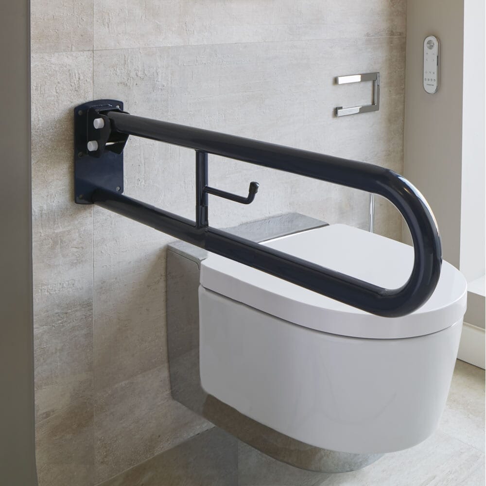 Alternative view of Economy Folding Toilet Support Rail-Blue, showing different angle or usage.