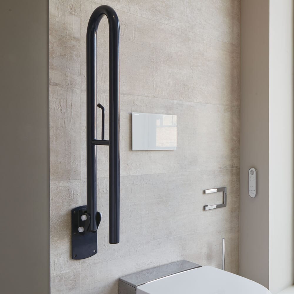 Close-up of a feature of Economy Folding Toilet Support Rail-Blue.