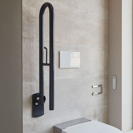 Close-up of a feature of Economy Folding Toilet Support Rail-Blue.