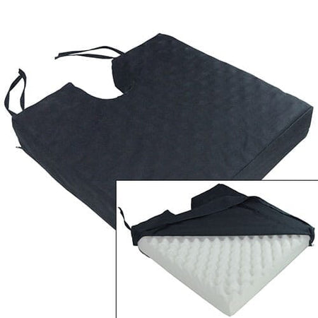 Full view of Economy Wheelchair Cushion cushion on a plain background, showing its shape and supportive material.