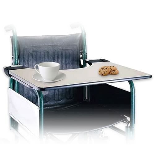 Economy Wheelchair Lap Tray tray in use, carrying drinks, plates or other household items.