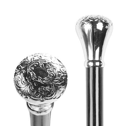 Full view of Embossed Chrome Knob Walking Stick-Black walking stick on a plain background, showing its handle, shaft and ferrule.