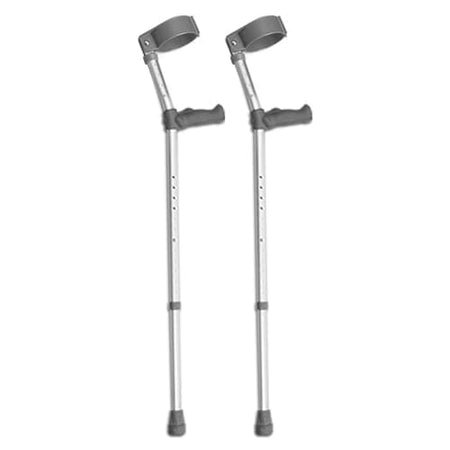 Ergonomic Double Adjustable Crutches: single elbow crutch on a plain background with an ergonomic handle, adjustable height and open cuff.