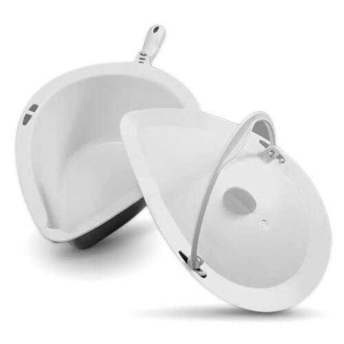 Etac Clean Commode Pan Lid with lid raised showing the open seat and removable commode pan, with supportive arms and adjustable height on a plain background.