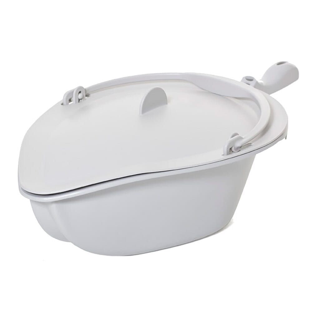 Etac Clean Commode Pan Lid with lid closed, highlighting the padded seat and discreet design.