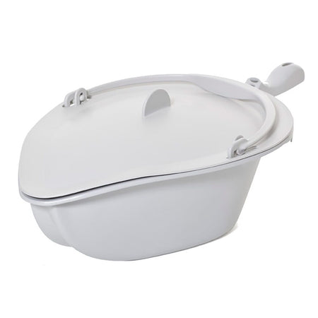 Etac Clean Commode Pan Lid with lid closed, highlighting the padded seat and discreet design.
