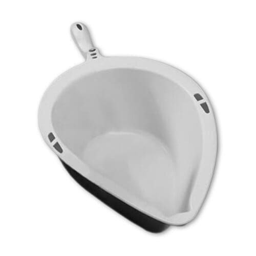 Etac Clean Commode Pan with lid raised showing the open seat and removable commode pan, with supportive arms and adjustable height on a plain background.