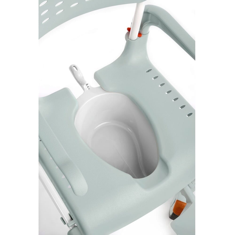 Close-up of Etac Clean Commode Pan seat ring and supportive arms, showing comfort and stability.