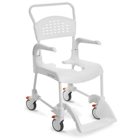 Etac Clean Shower Commode Chair with lid raised showing the open seat and removable commode pan, with supportive arms and adjustable height on a plain background.