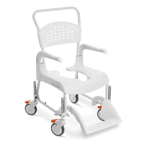 Etac Clean Shower Commode Chair with lid raised showing the open seat and removable commode pan, with supportive arms and adjustable height on a plain background.