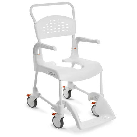 Etac Clean Shower Commode Chair with lid raised showing the open seat and removable commode pan, with supportive arms and adjustable height on a plain background.